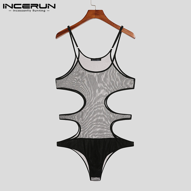 INCERUN Men Sexy Leisure See-through Jumpsuits Sleeveless Male Fashion Casual Crew Neck Thin Rompers Hollow Out Jumpsuits S-5XL
