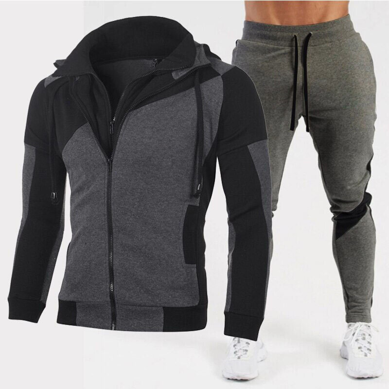 Abbigliamento sportivo da Jogging, giacca sportiva da uomo in poliestere di cotone, felpa con cappuccio + pantaloni della tuta, maglione a due pezzi, abito invernale tinta unita