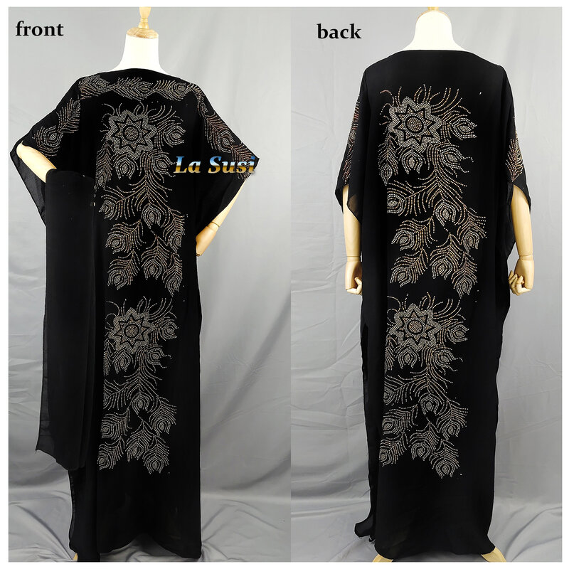 Dois lados vestidos africanos para a mulher abaya dubai flor pedras musselina longa robe roupas de algodão africano plus size ld430