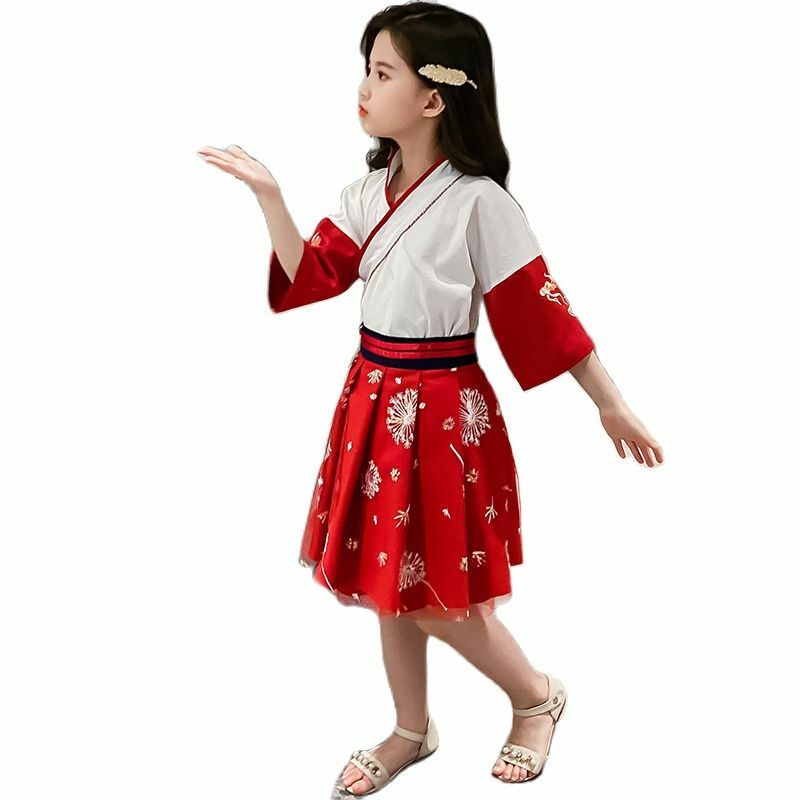 Hanfu 여아 여름 드레스, 중국 스타일 아동용 고대 드레스, 당나라한 정장 여아 여름 골동품 스커트