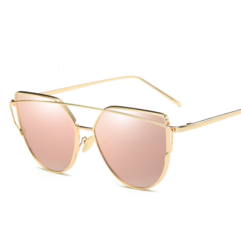 LONSY luksusowy marka projektant Twin belki lustro w kolorze różowego złota okulary przeciwsłoneczne cat eye kobiety Vintage Cateye modne okulary słoneczne Lady okulary
