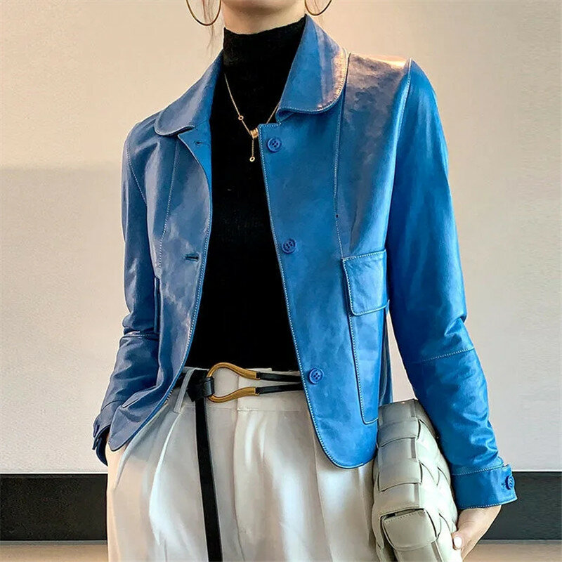 Vintage Leather Jacket Female 2022 Spring Autumn New Style Blue PU Leather Fashion Temperament Double Pocket Leather Jacket Tops