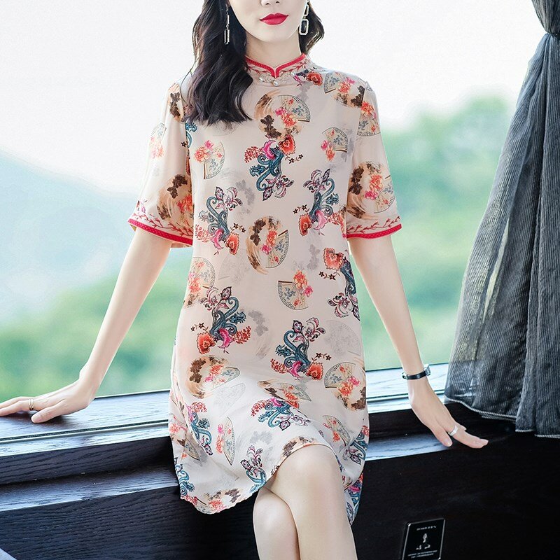 Abito da donna di marca YG 2021 primavera ed estate nuovo colletto alla coreana ricamo posteriore cerniera stampa retro piatto bocca manica centrale dres