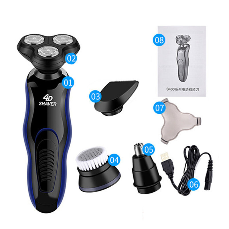 Máquina de afeitar eléctrica 4 en 1 para hombres, con USB afeitadora, navajas para Barba 4D, 3 cuchillas, recortadora de pelo de nariz y barba, recargable