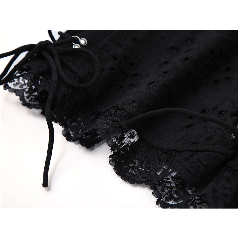 สีดำลูกไม้ Patchwork Goth เสื้อสตรี Streetwear สแควร์พัฟแขนสั้นเสื้อ2021ฤดูร้อนเซ็กซี่ Lace Up Crop เสื้อ