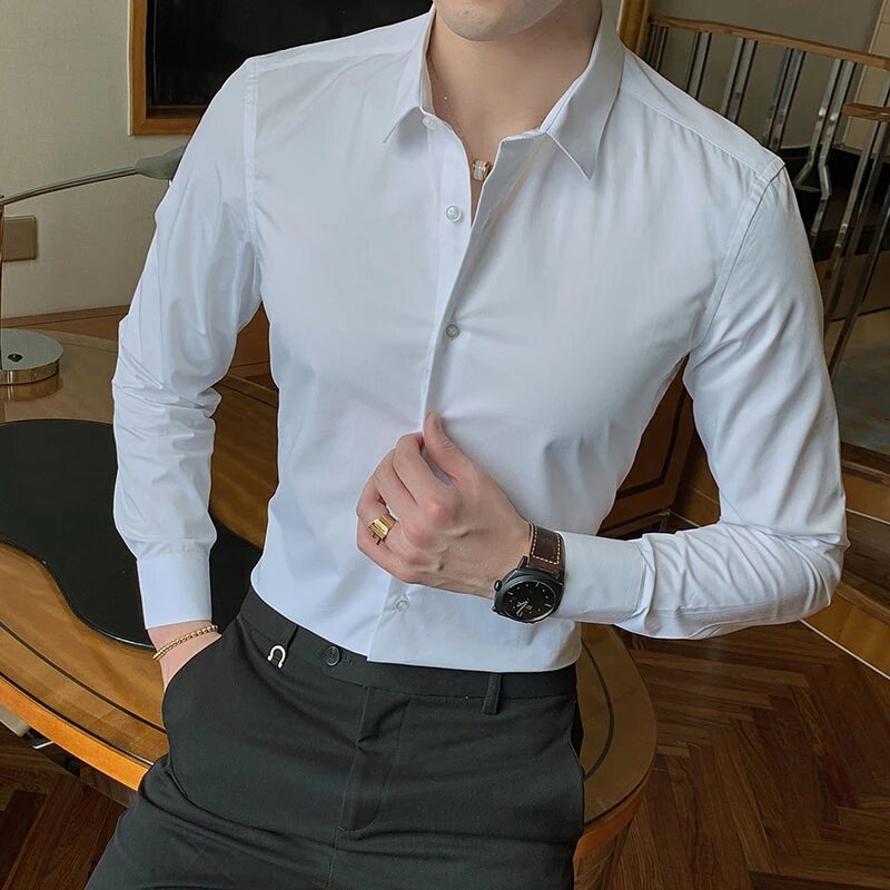 Camiseta de Color sólido para hombre, Camisa ajustada de manga larga, negra y blanca, novedad de 2021