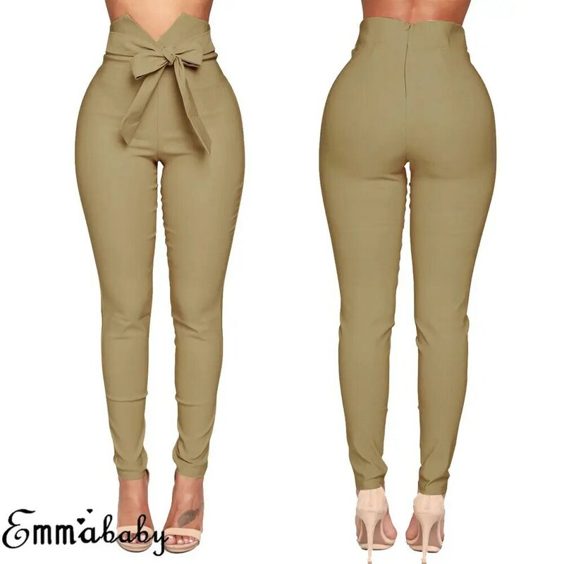 Pantalon Slim taille haute décontracté pour femmes, avec nœud papillon, coupe crayon élastique, mode automne 2019