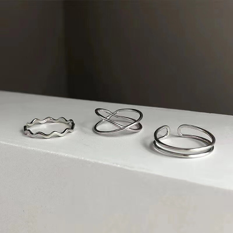 Juego de 3 unids/set de anillo abierto de onda cruzada paralela de Metal, diseño creativo, versión coreana femenina, anillo Simple de estudiante, regalo de joyería