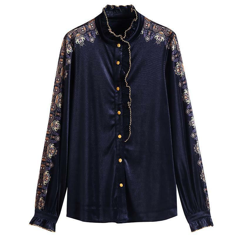 Camisa de manga larga con estampado Vintage para mujer, Tops elegantes con cuello redondo, blusa de terciopelo negro M 3XL, otoño e invierno, 2021