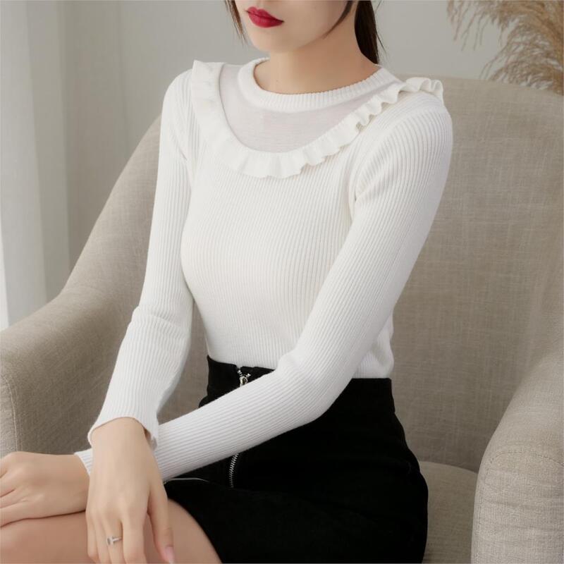 Suéter feminino de malha algodão 2019, pulôver de manga comprida com babados gola redonda