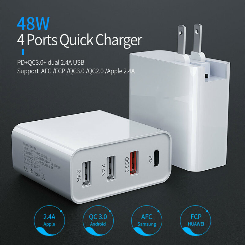 48W Quick Charger PD Type C USB C Charger for iPhone 7 8 Samsung Huawei Tablet Fast Wall Charger QC 3.0 US EU UK AU Plug Adapter