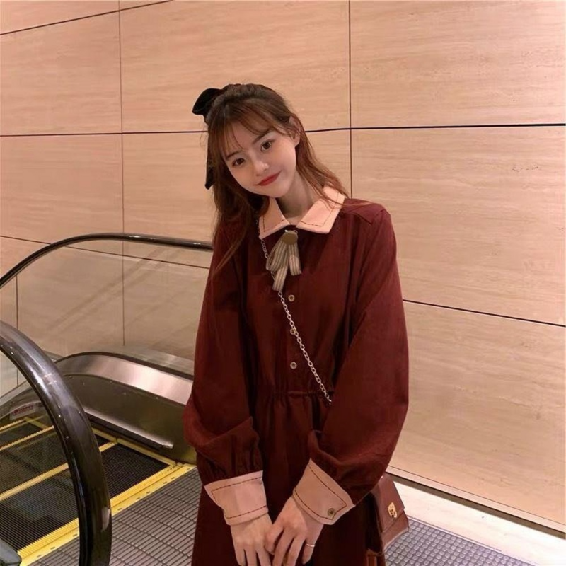 Spring Sweet Retro Bow Temperament Slim Dress Female Student Korean Long Sleeve Dress Long A-line Preppy Clothes