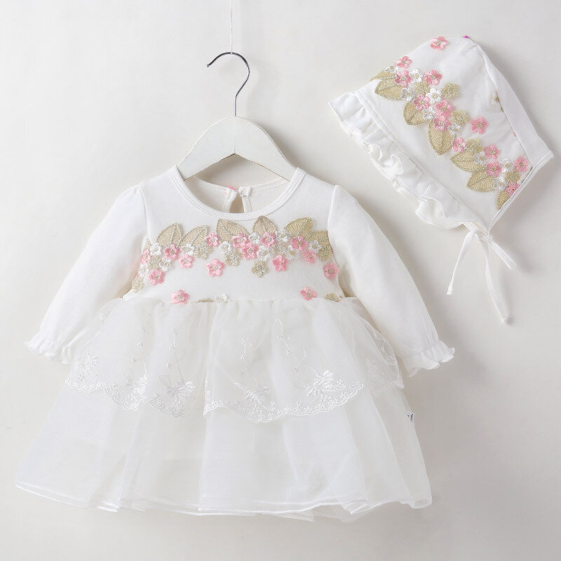 2022 신생아 아기 소녀 공주 레이스 드레스 아이 베이비 파티 결혼식 미인 대회 가운 공식적인 꽃 드레스 + 모자 신년 의류 세트