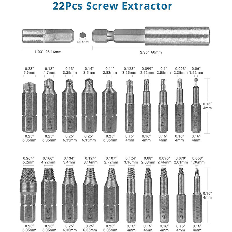 22Pcs Set Beschadigd Tapeinduithalerset Boor Set Gestript Schroef Extractor Kit Voor Gebroken Bout Extractor All-Purpose met Magnetische