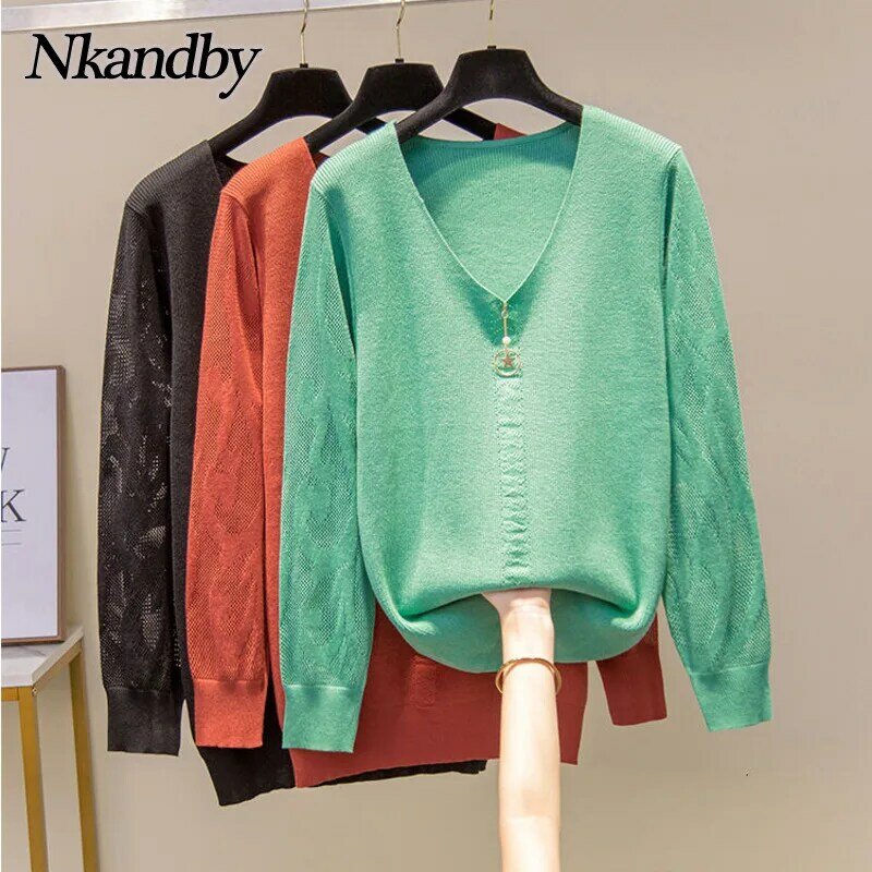 Nkandby-女性用長袖Vネックジャンプスーツ,無地のセーター,ミニマリストスタイル,透かし彫り,大きいサイズ