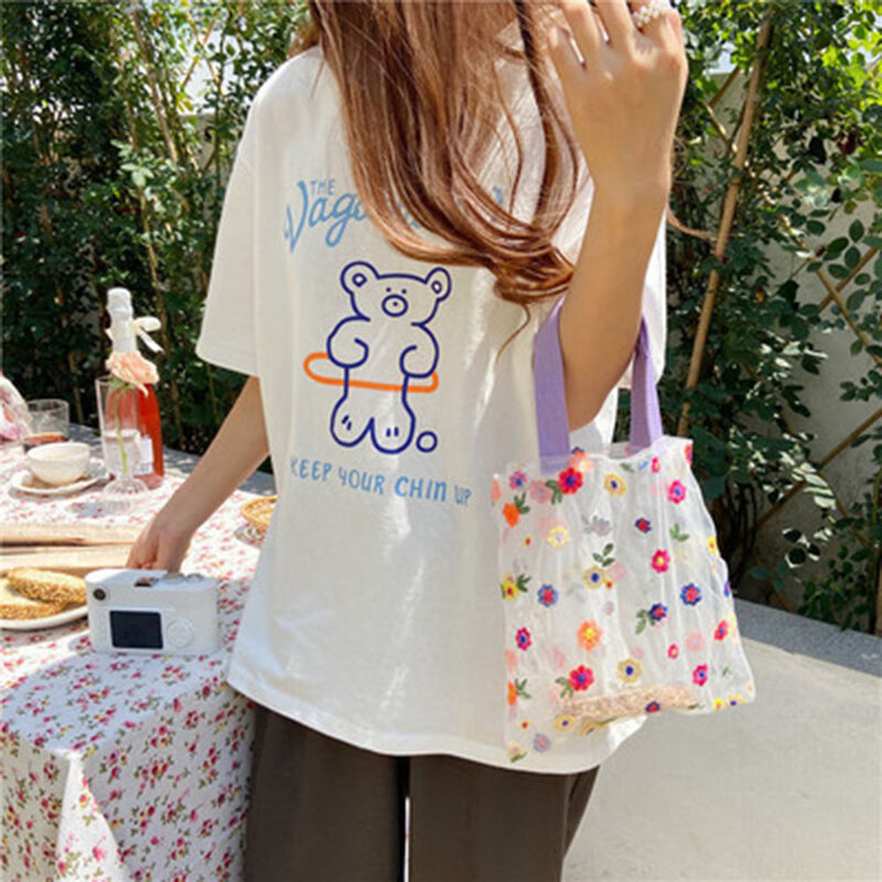 Nova moda feminina bolsas bordadas clara organza gelatinosa pequena bolsa mensageiro ombro bolsa feminina bolsas de compras para praia