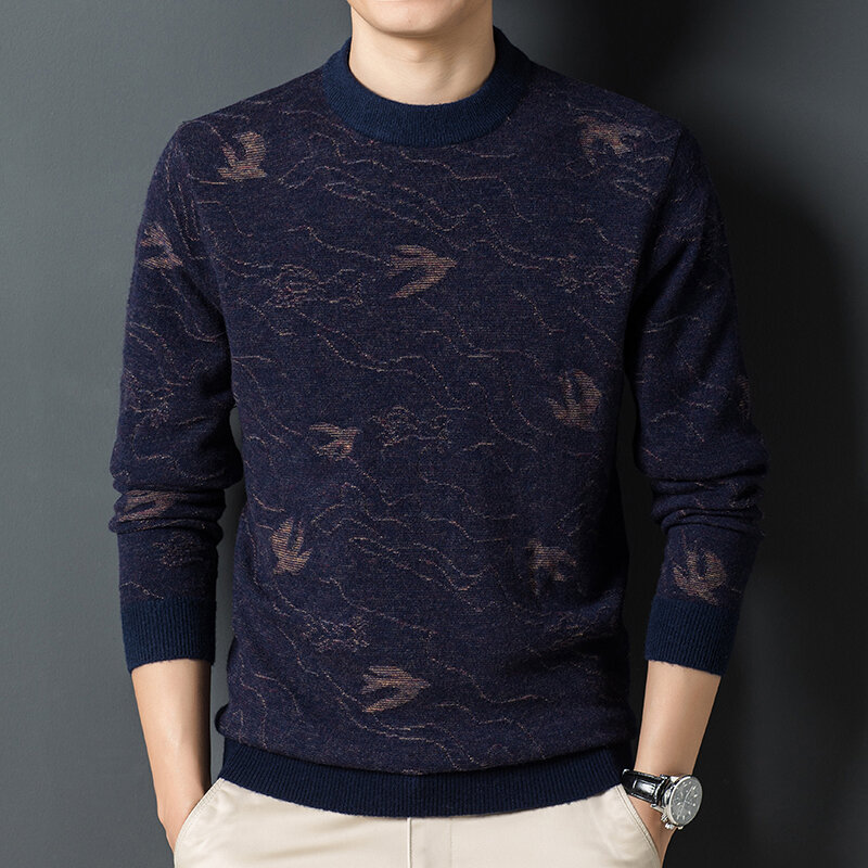 Suéter jacquard de lana pura para hombre, jersey con contraste de negocios, a la moda, 100%, Otoño e Invierno