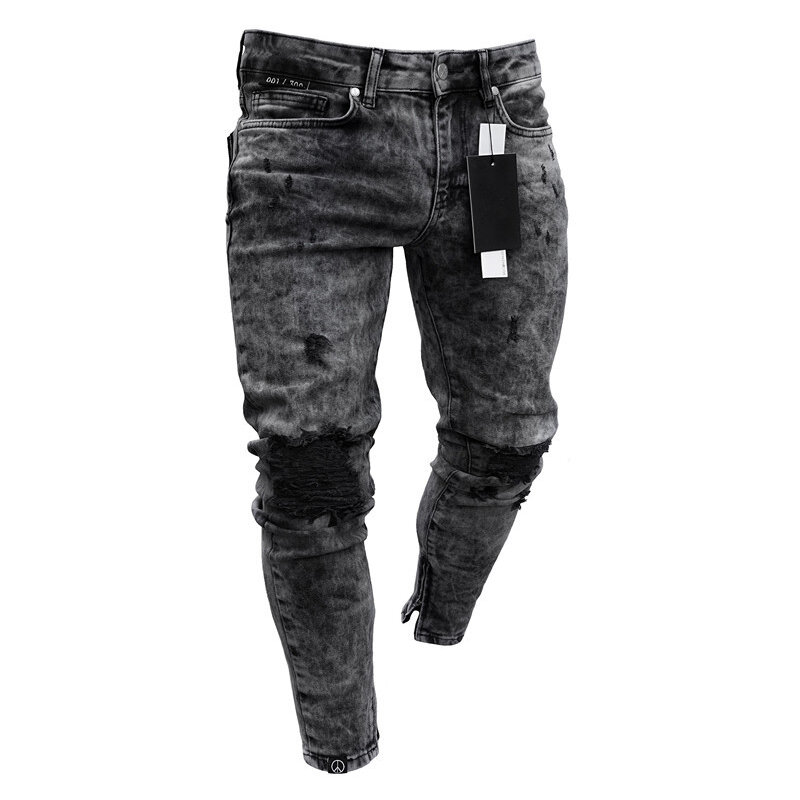 Mens Casual Fashion Cool Designer Black Ripped Skinny Jeans autumn Destroyed Frayed Slim Fit Denim Pant  Hip-Hop Jeans S-3XL