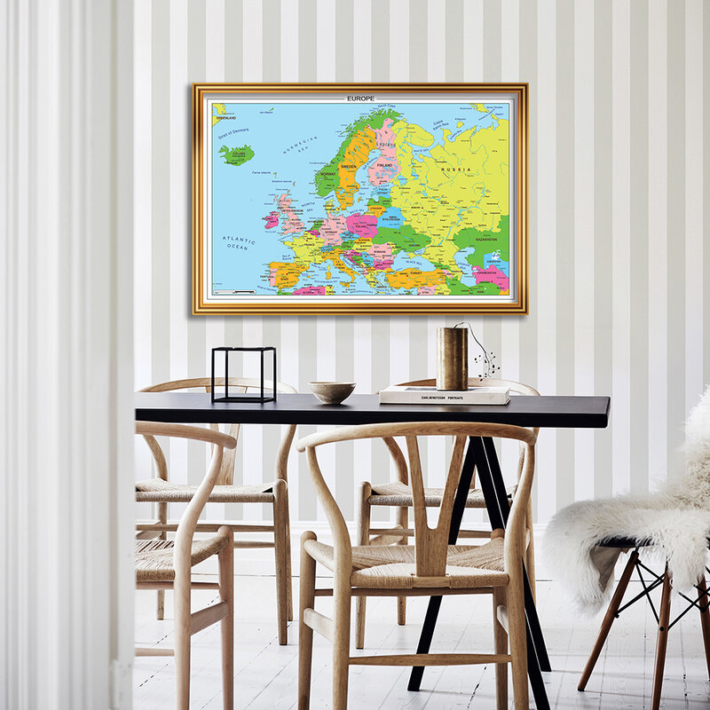 Mapa europeu de 90x60cm com detalhes, arte para parede, pôster de pintura em tela, decoração para sala de aula, casa, material escolar para crianças