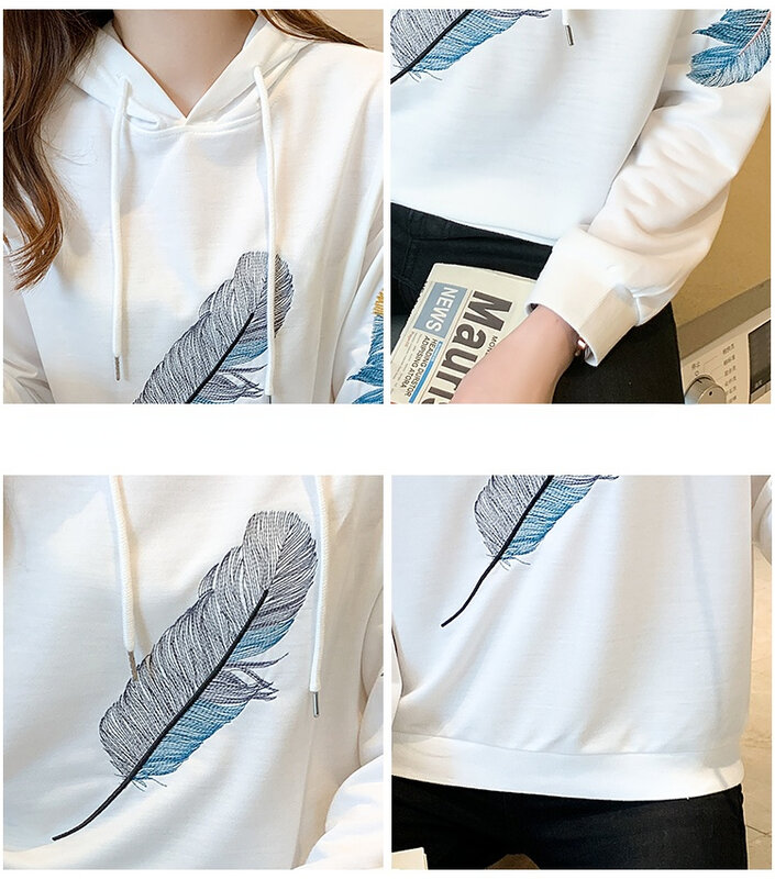 女性のカジュアルなスウェットシャツ,韓国の羽毛の刺繍が施された白い長袖パーカー,ゆったりとした女性のトップ,873c,2021