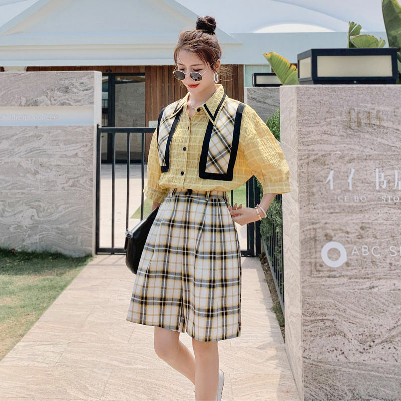 Camisa xadrez shorts terno feminino verão 2021 novo coreano casual retro hong kong estilo usar terno de duas peças