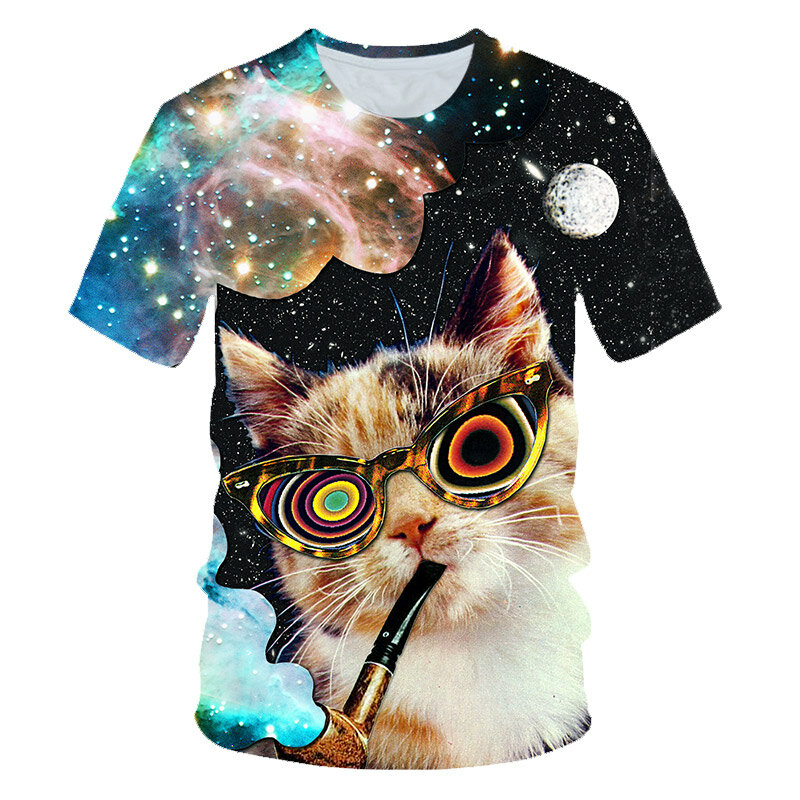 T-shirt manches courtes, humoristique, estival et surdimensionné, nouveau modèle de galaxie Space 3D, chaton, chat, manger, Pizza, tacos, 2021