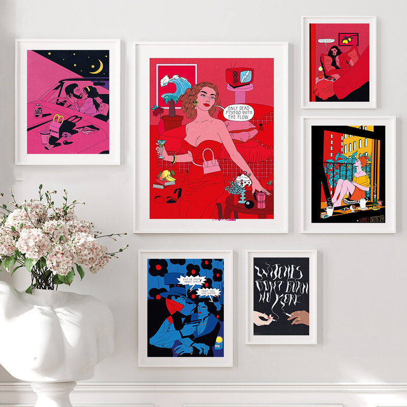 Картина на холсте с изображением женщины, ведьмы, кофейного автомобиля, поцелуя, кошки, тигра