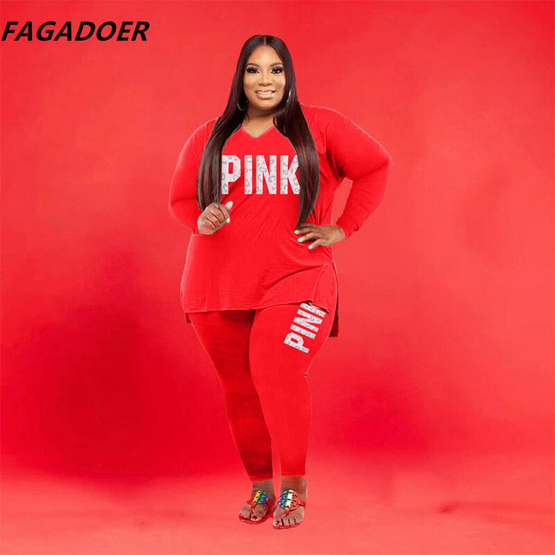 FAGADOER Plus Size XL-5XL Loose Two Piece Sets Women Pink Letter Print Long Sleeve Tshirt+Legging Pants Suits Casual Tracksuits