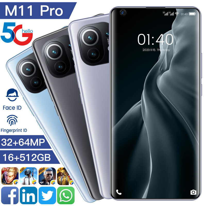 هاتف ذكي إصدار عالمي جديد M11 Pro بشاشة 5G 7.3 بوصة عالية الدقة سنابدراجون 888 12G 512G 48mp هاتف محمول ببصمة وجه