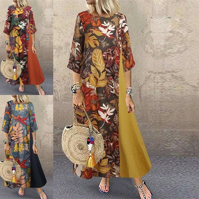 Plus rozmiar długa sukienka kobieta wiosna szaty jesień eleganckie łączenie przyczynowe pół rękawa Vintage kwiat nadrukowana sukienka Femme Vestidos