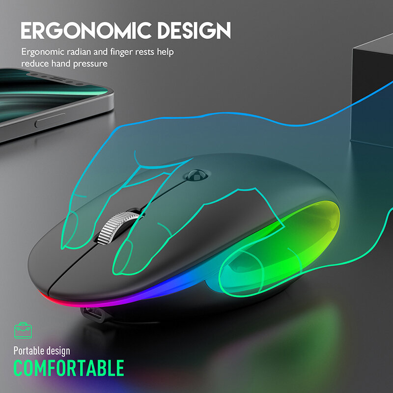 SeenDa-ratón inalámbrico recargable con Bluetooth, Mouse ergonómico RGB para juegos, ordenador, portátil, iPad, tallado hueco, 2,4g