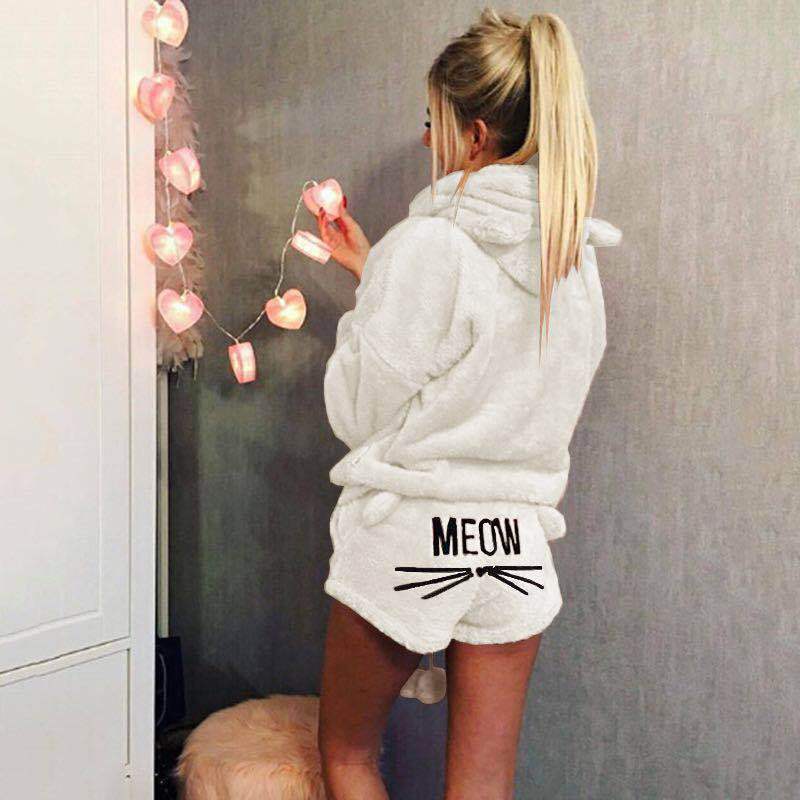 Plus Size Winter Thicken 5XL Two Pieces Set Family Sleepwear Hoodies Shorts Pants Women Pajamas with Cute Kitty Pattern
