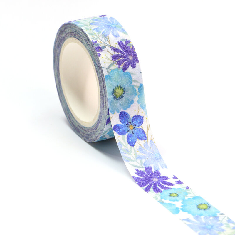 Fita washi decorativa de flor azul 1 peça, 15mm * 10m, fita adesiva para scrapbooking, material de escritório, papelaria kawaii