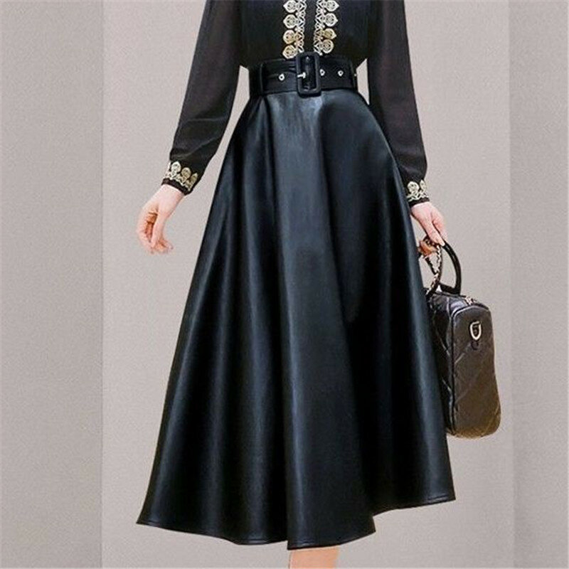 Jupe longue en cuir Pu noir, taille haute, doux, longueur aux genoux, ceinture, ligne A, Style coréen, vêtements à la mode, 2021