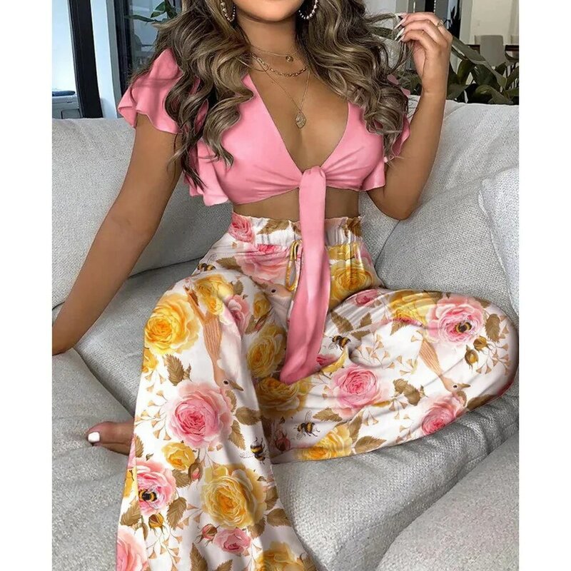 Summer Women Sexy V Neck Short Sleeve Lace-Up Crop Top And High Waist Pants Print Two Piece Set