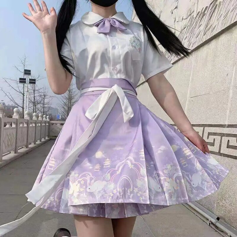 Sweet Hanfu JK Kostum Cosplay Seragam Anak Perempuan Pakaian Karnaval untuk Wanita Rok Berlipat Mini dengan Kemeja dan Set Dasi Kupu-kupu