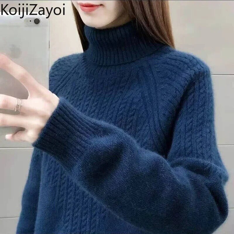 Koijizayoi Sweter Turtleneck Solid Wanita Fashion Lengan Panjang Wanita Kantor Jumper Korea Chic Pullover Tebal Hangat Musim Dingin 2022