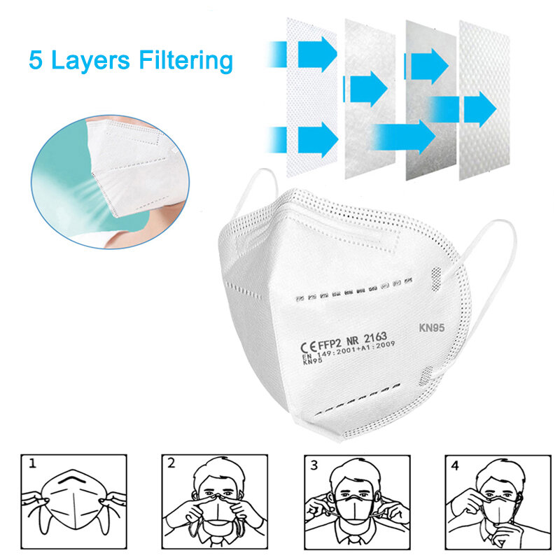 Masque KN95 FFP2 avec 5 couches filtrantes Anti-grippe, protection buccale, Anti-poussière, pour adultes