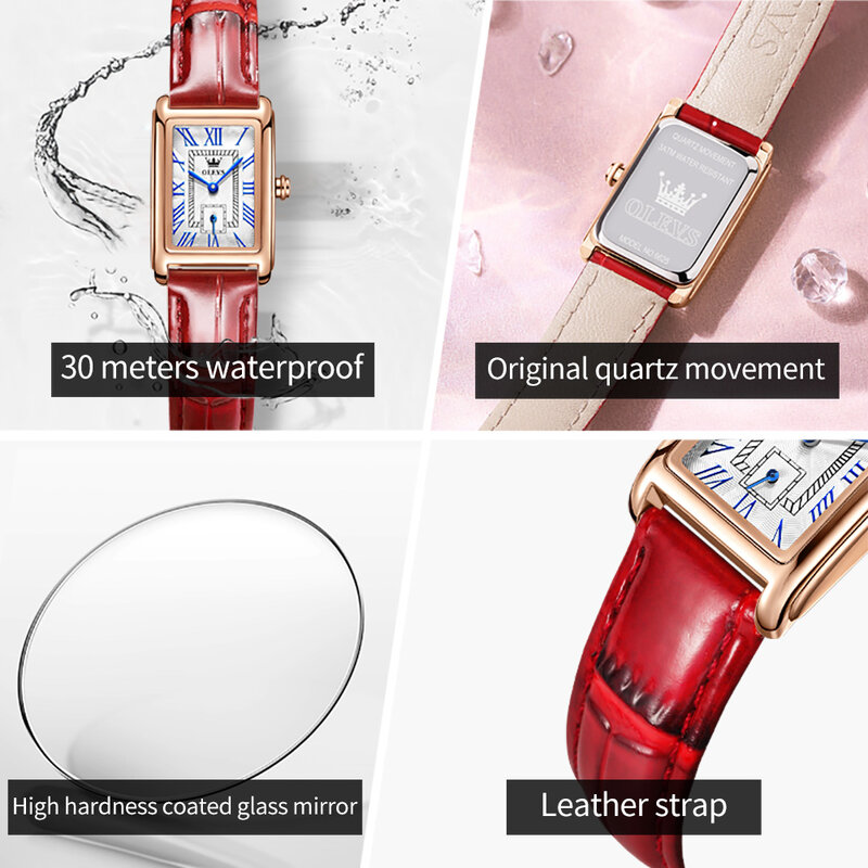 OLEVS 럭셔리 브랜드 여성용 시계 패션 캐주얼 레드 가죽 숙녀 시계 로마 숫자 직사각형 아날로그 석영 손목 시계 시계