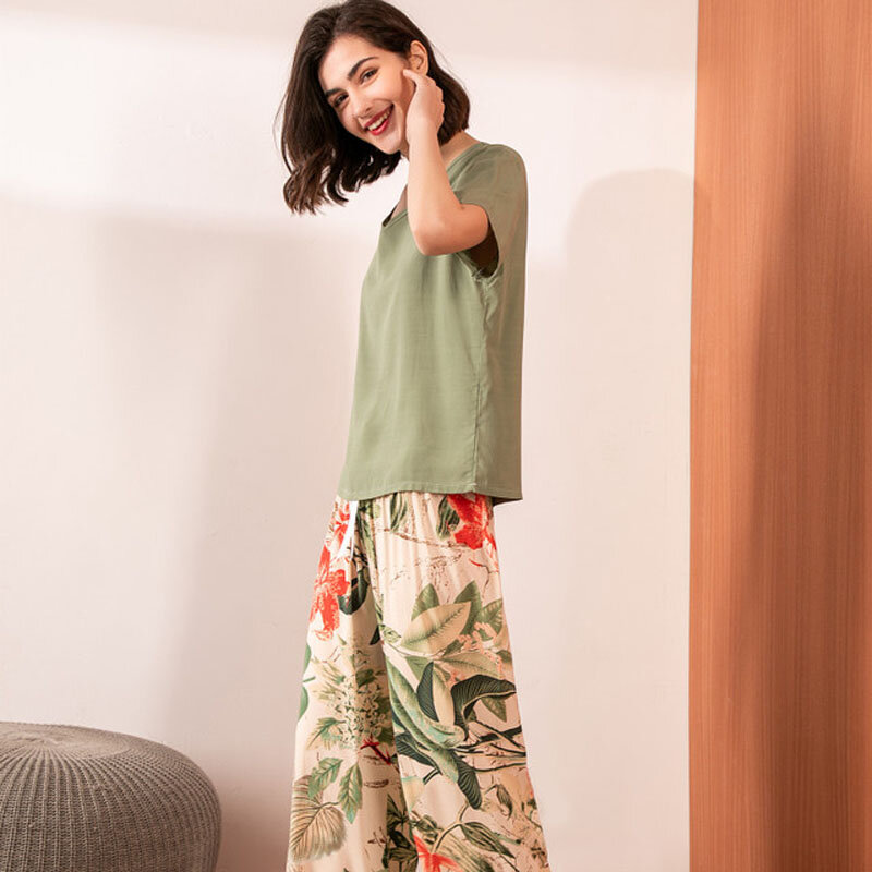Piyama 2 Buah Bersirkulasi Setelan Pakaian Tidur Longgar Wanita Pijama Mujer Setelan Piyama Pakaian Rumah Kasual Wanita untuk Wanita
