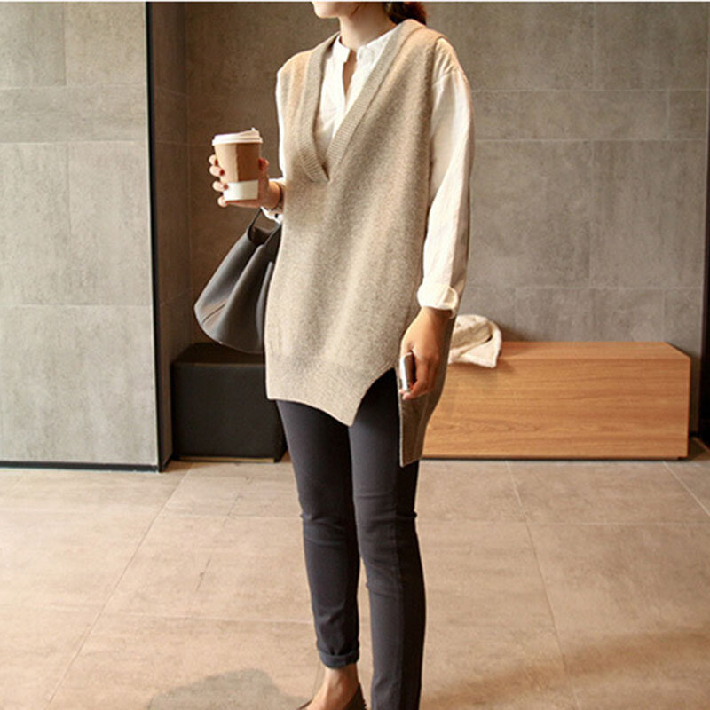 Suéteres de punto cortos para mujer, chaleco sin mangas, cálido, informal, de gran tamaño, con cuello en V, Otoño e Invierno