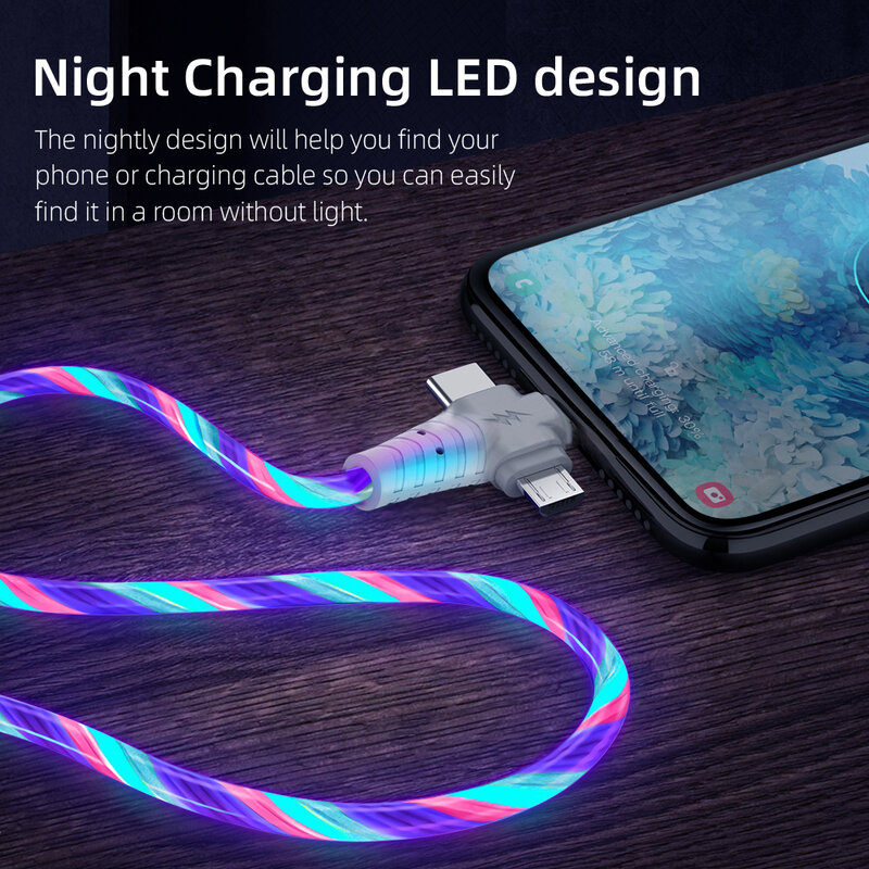 Cable Micro USB tipo C 3 en 1, iluminación led luminosa de flujo, carga rápida, para iPhone 13, 12, 11, Huawei, Samsung