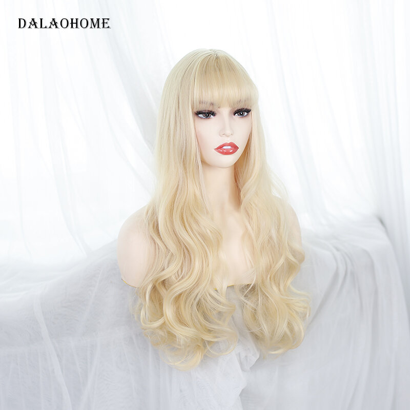 Dalaohome peruca longa ondulada com franja, peruca de cabelo sintético marrom natural para mulheres lisas com ombré camada loira
