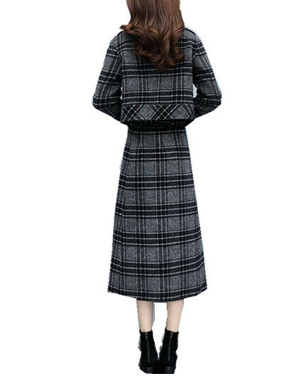 여자 치마 세트 2022 새로운 가을, 겨울 모직 격자 무늬 정장 재킷 짧은 단락 캐주얼 높은 허리 스커트 정장 두 조각