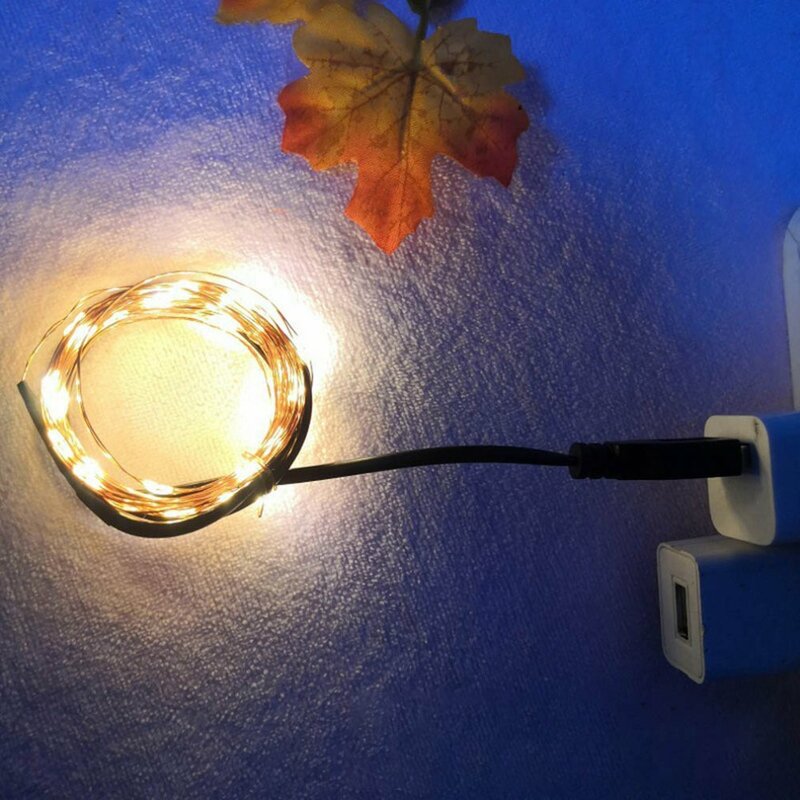 10/100 LED USB Power Wire Copper Fairy String, luces decorativas para fiesta, blanco cálido, brillo impermeable para exteriores