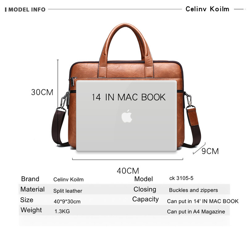 Celinv Koilm-maletín para hombre, bolso de negocios para ordenador portátil de 14 ", conjunto de 2 piezas, bolsos de cuero de alta calidad, bolsos de hombro para oficina