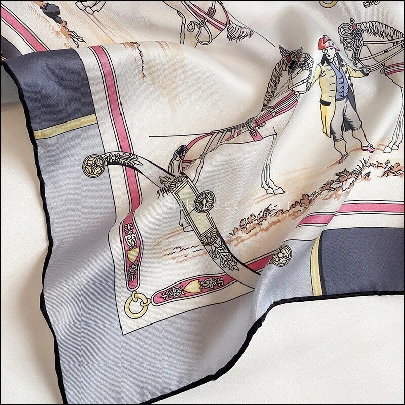 Bufandas de satén para mujer, pañuelos de seda con bordes enrollados a mano, diseño retro de 90cm, estampado de carruaje
