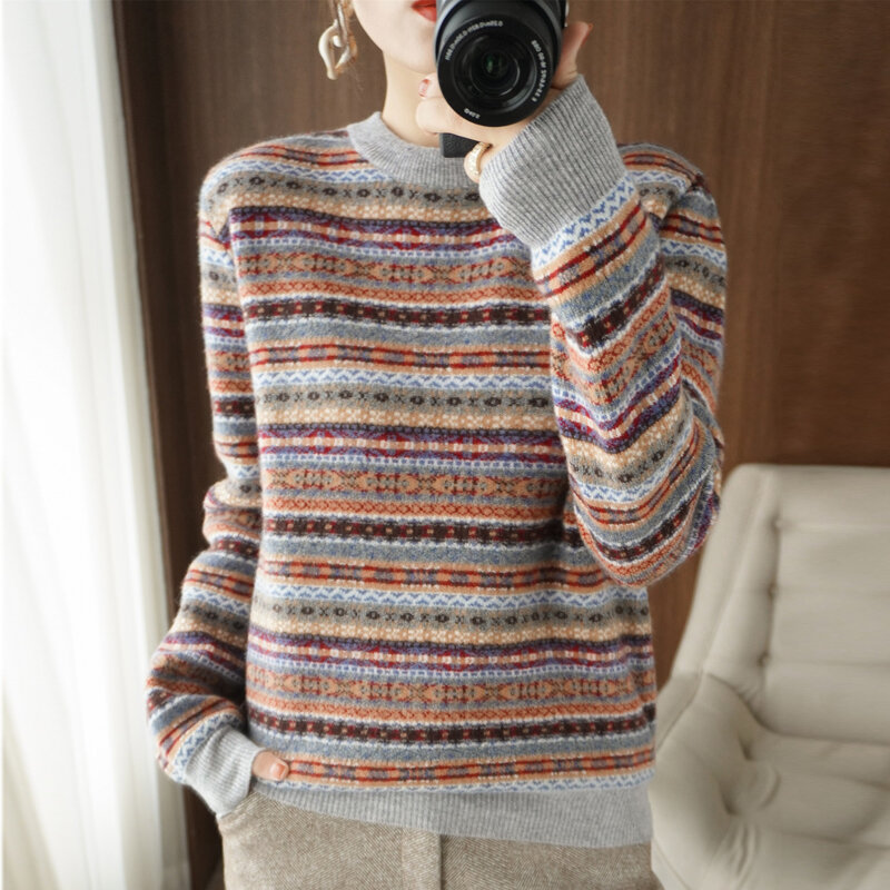 Suéter de lana gruesa para mujer, camisa de cuello redondo a rayas, Jersey corto, tejido, estilo izy, otoño e invierno, 2021