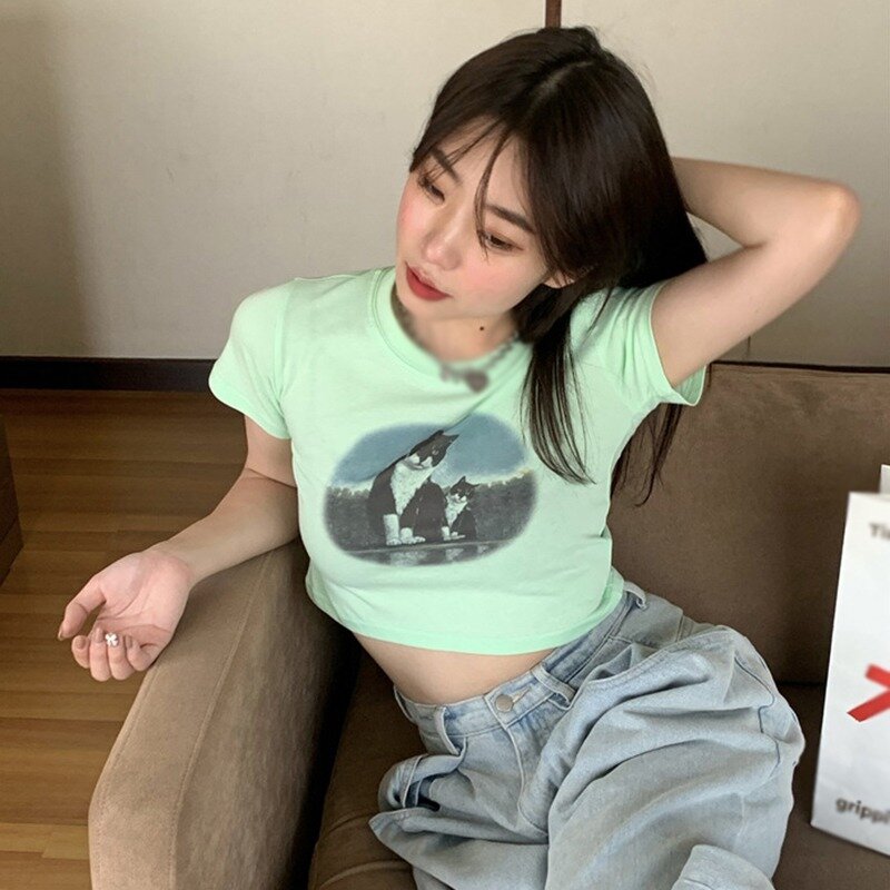 Camisetas estampadas de estilo coreano para mujer, ropa informal ajustada con cuello redondo y manga corta para verano