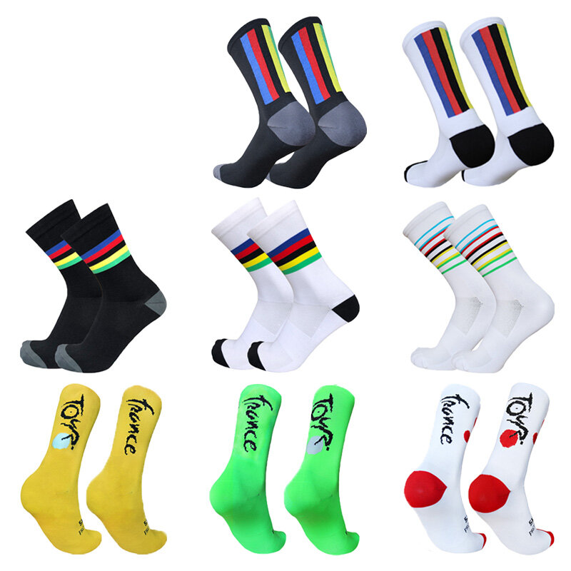 ขี่จักรยานถุงเท้าลายเส้นที่มีสีสันกีฬา Breathable การบีบอัดผู้ชายผู้หญิงจักรยานถุงเท้า Calcetines Ciclismo